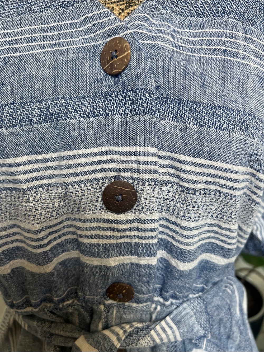 Blue/White Sz M Linen/Cotton Striped Button-Front Dress Coastal Preppy Travel - Picture 4 of 10